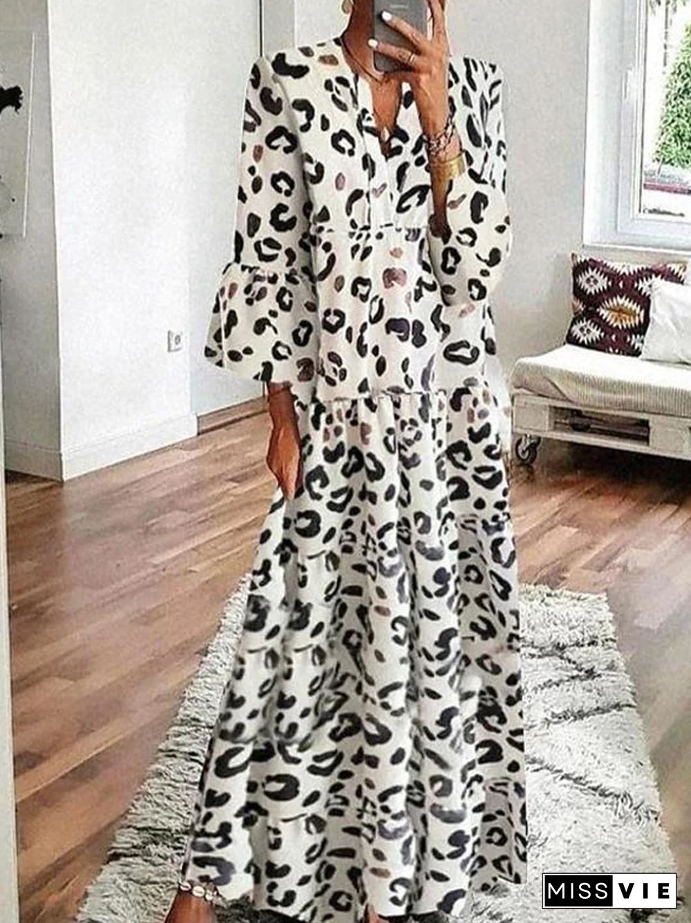 Women's Swing Dress Maxi long Dress 3/4 Length Sleeve Print Print Spring Summer Casual vacation dresses Flare Cuff Sleeve White Black S M L XL XXL 3XL