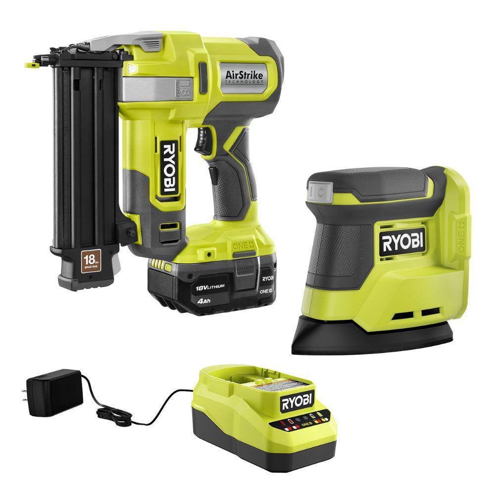 RYOBI ONE+ 18V 18-Gauge Cordless AirStrike Brad Nailer with Cordless Corner Cat Finish Sander 4.0 Ah Battery Charger P321K1N-PCL416B