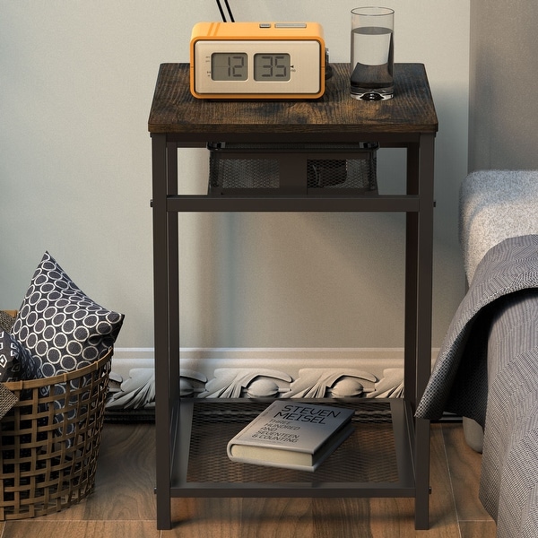 End Table with Grid Storage Drawer， Nightstand Sofa Side Table for Living Room， Bedroom，Rustic Brown