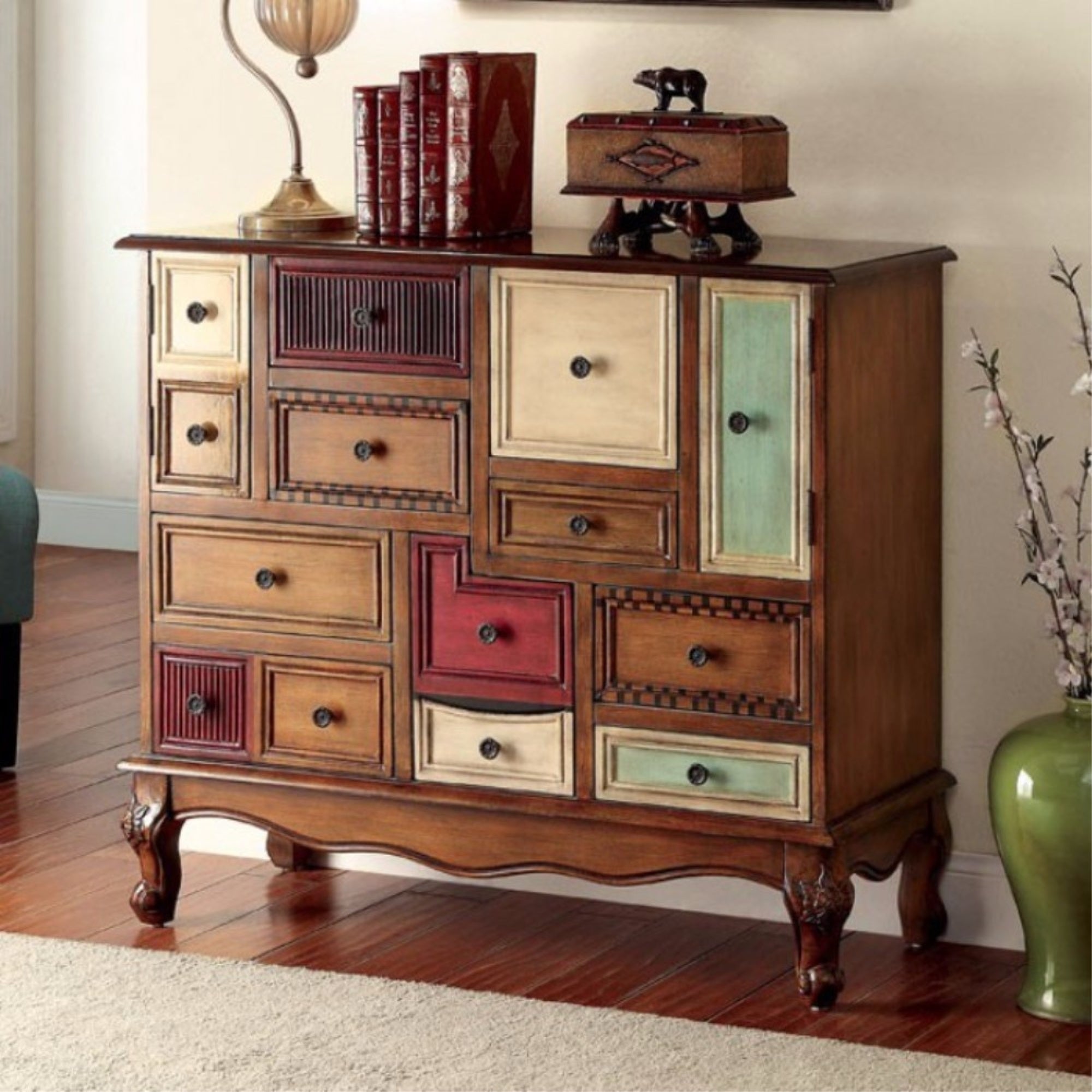 9 Drawer Wooden Accent Cabinet with Cabriole Legs and Metal Knobs, Brown