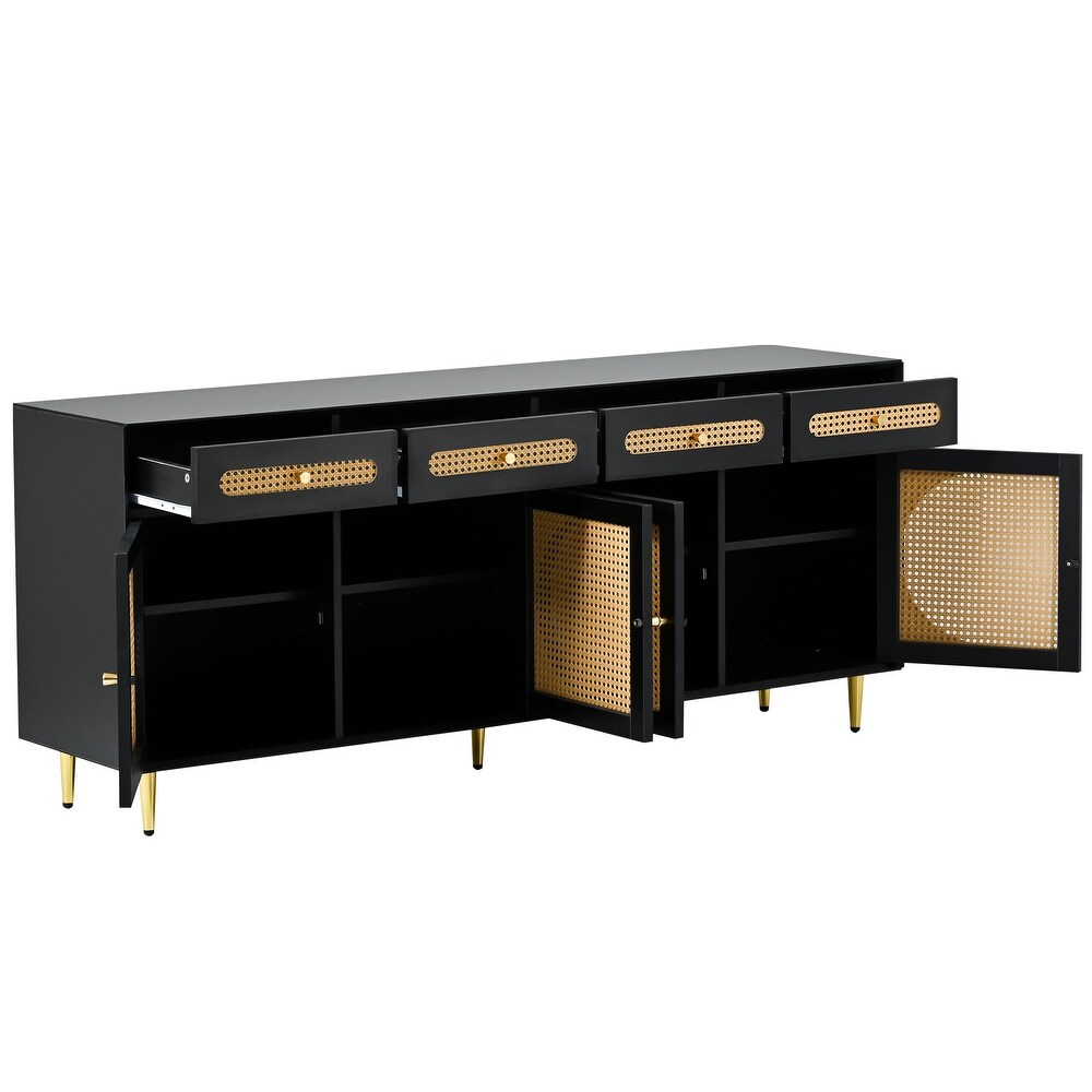 Modern TV Stand with Rattan Cabinets and Adjustable Shelves  Golden Base  Accommodates 65\