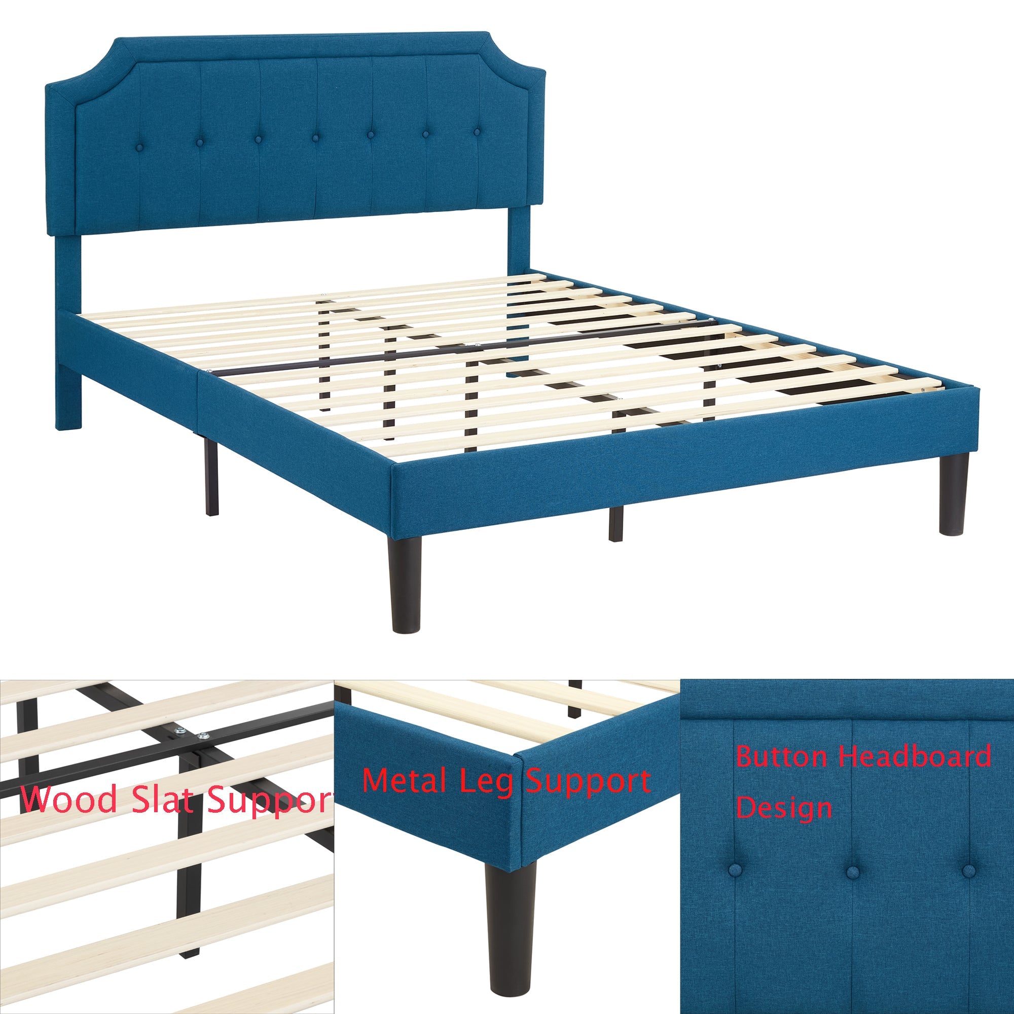 VECELO Upholstered Platform Bed with Height Adjustable Tufted Button Headboard/Mattress Foundation, Blue