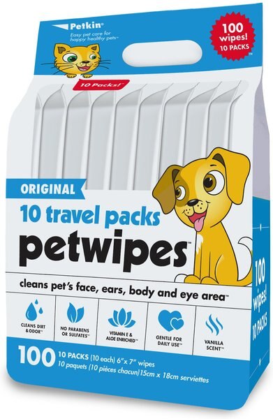 Petkin Original Travel Pack Vanilla Scented Dog and Cat Wipes， 100 count