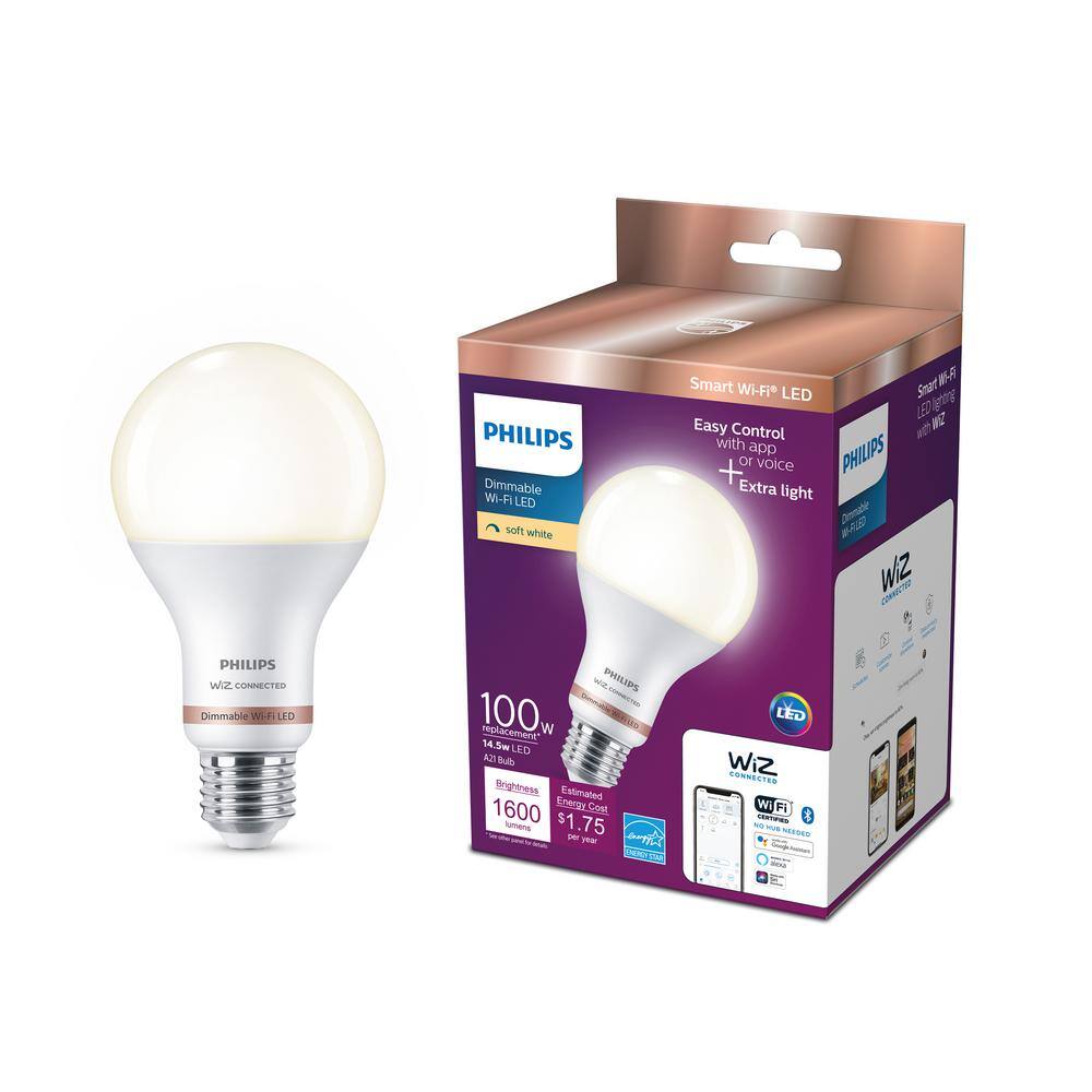 Philips 100-Watt Equivalent A21 LED Smart Wi-Fi Light Bulb Soft White (2700K) powered by WiZ with Bluetooth (4-Pack) 562371