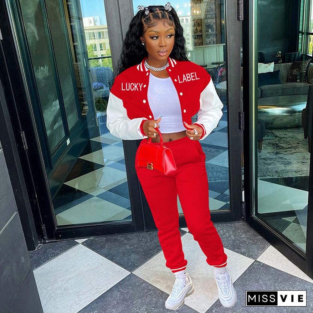 Letter Print Baseball Jacket Sporty Pants Set