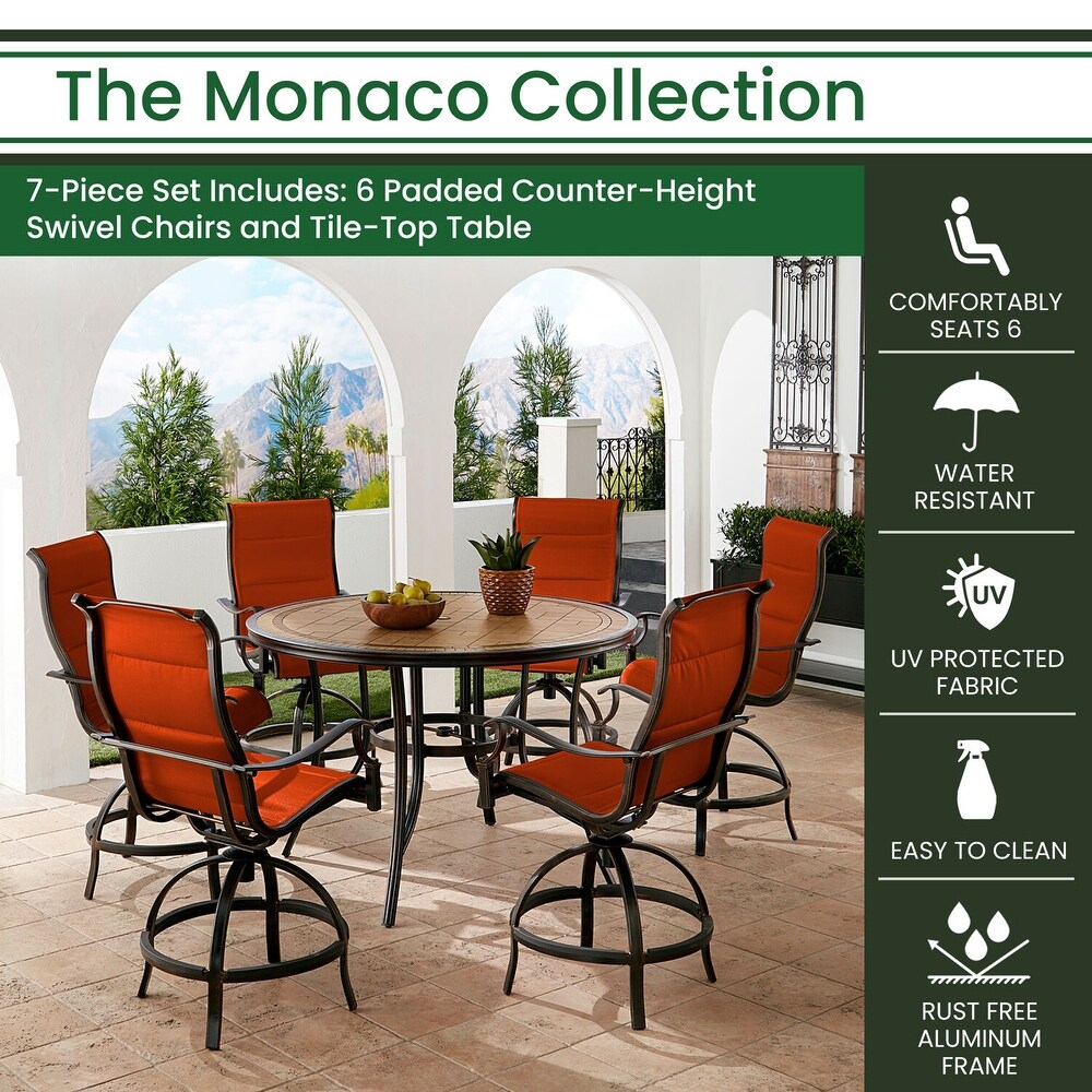 Hanover Monaco 7 Piece High Dining Set in Sunset w/6 Padded Counter Height Swivel Chairs and a 56 In. Tile Top Table