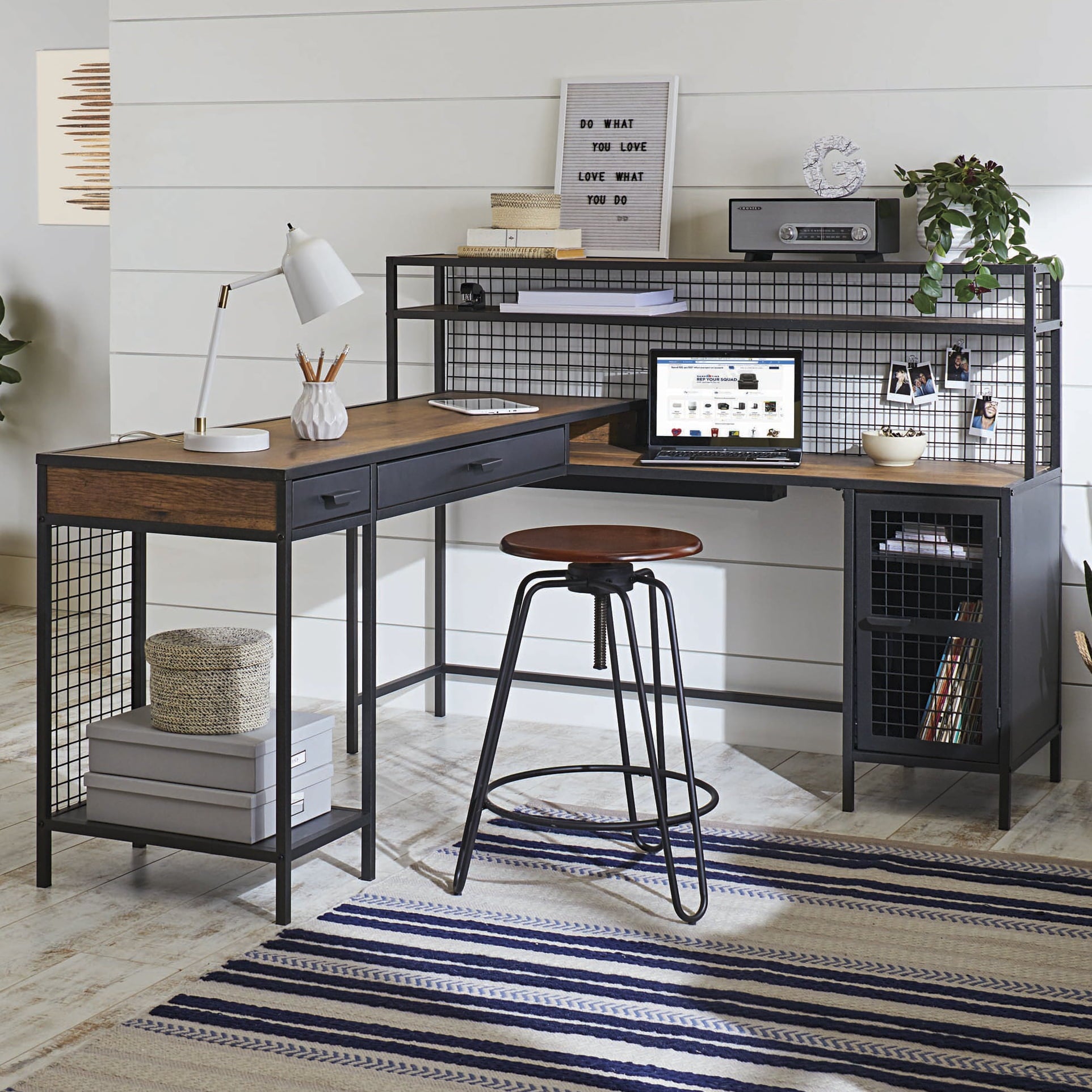 Better Homes & Gardens Lindon Place L-Shaped Desk with Cage, Vintage Oak Finish