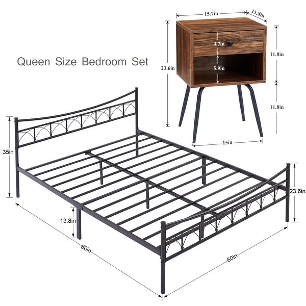 3-pieces Bed Frame and Modern Nightstand Set of 2 with 1-Drawer - - 36539696