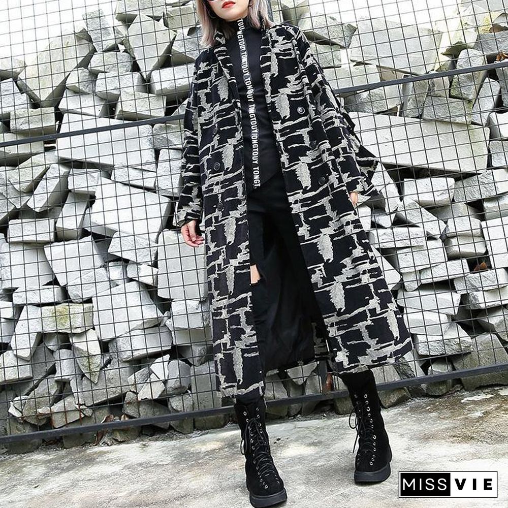 2019 black print Coat plus size lapel patchwork Coat Fine asymmetrical design coat