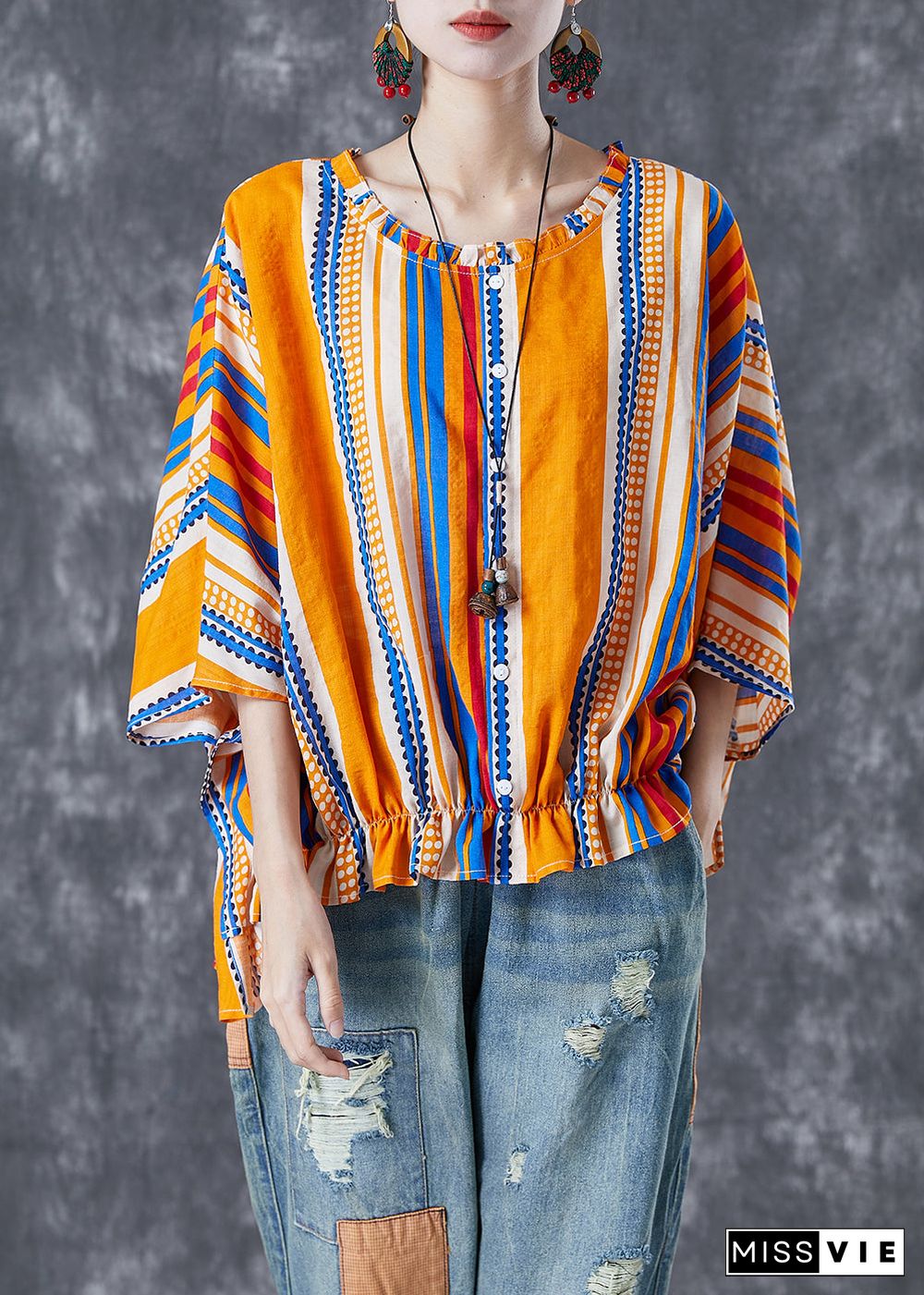 Bohemian Yellow Oversized Striped Wrinkled Cotton Shirt Batwing Sleeve