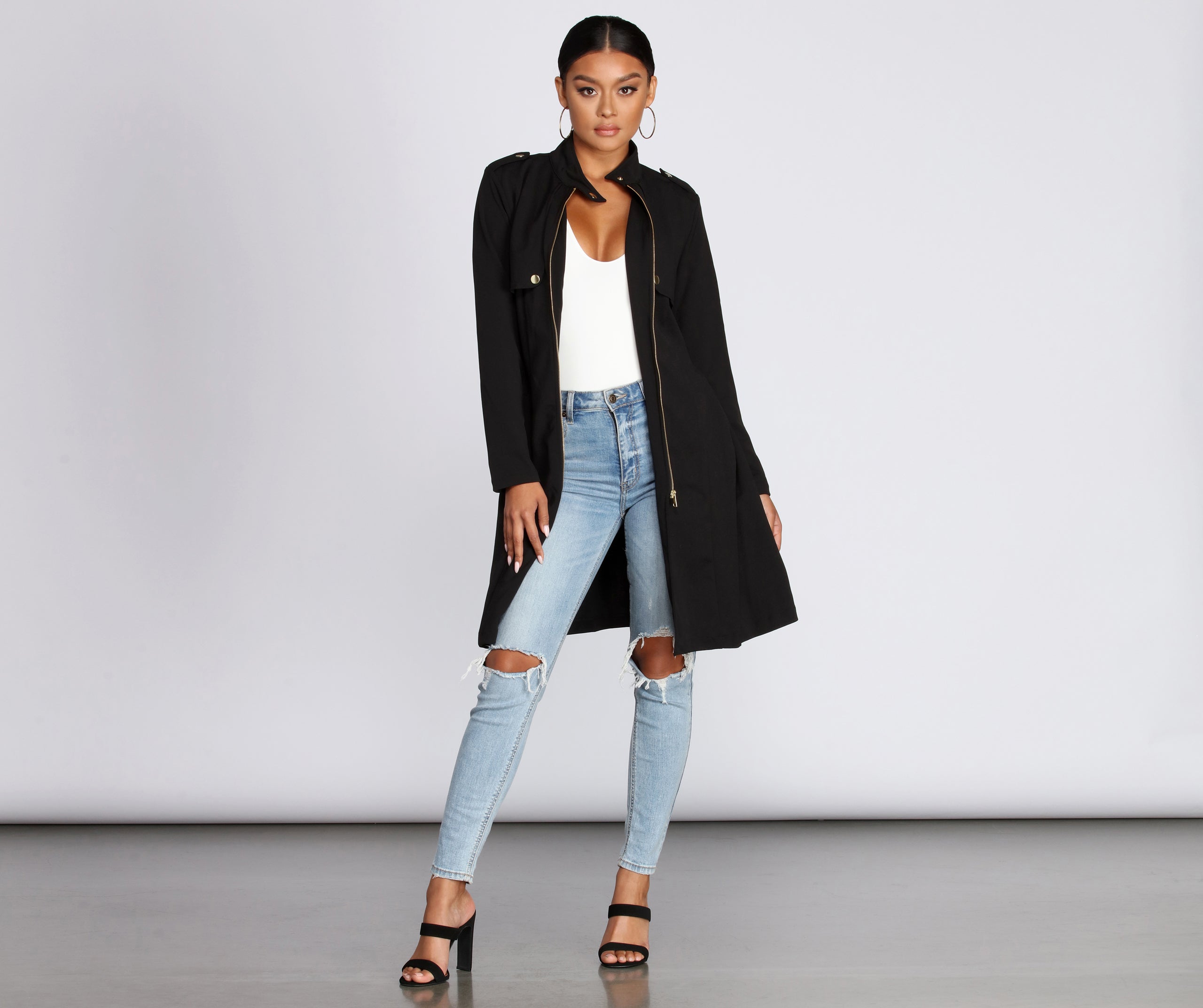 Feminine Flare Zip Up Trench Coat