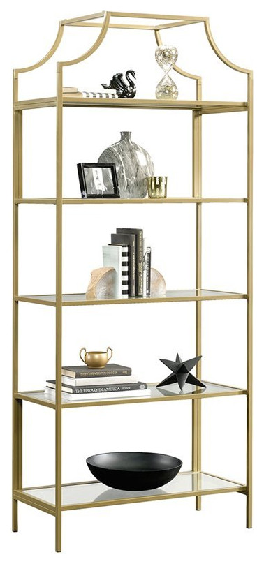 Pemberly Row Modern 5 Shelf Metal Bookcase in Satin Gold Finish   Contemporary   Bookcases   by Homesquare  Houzz