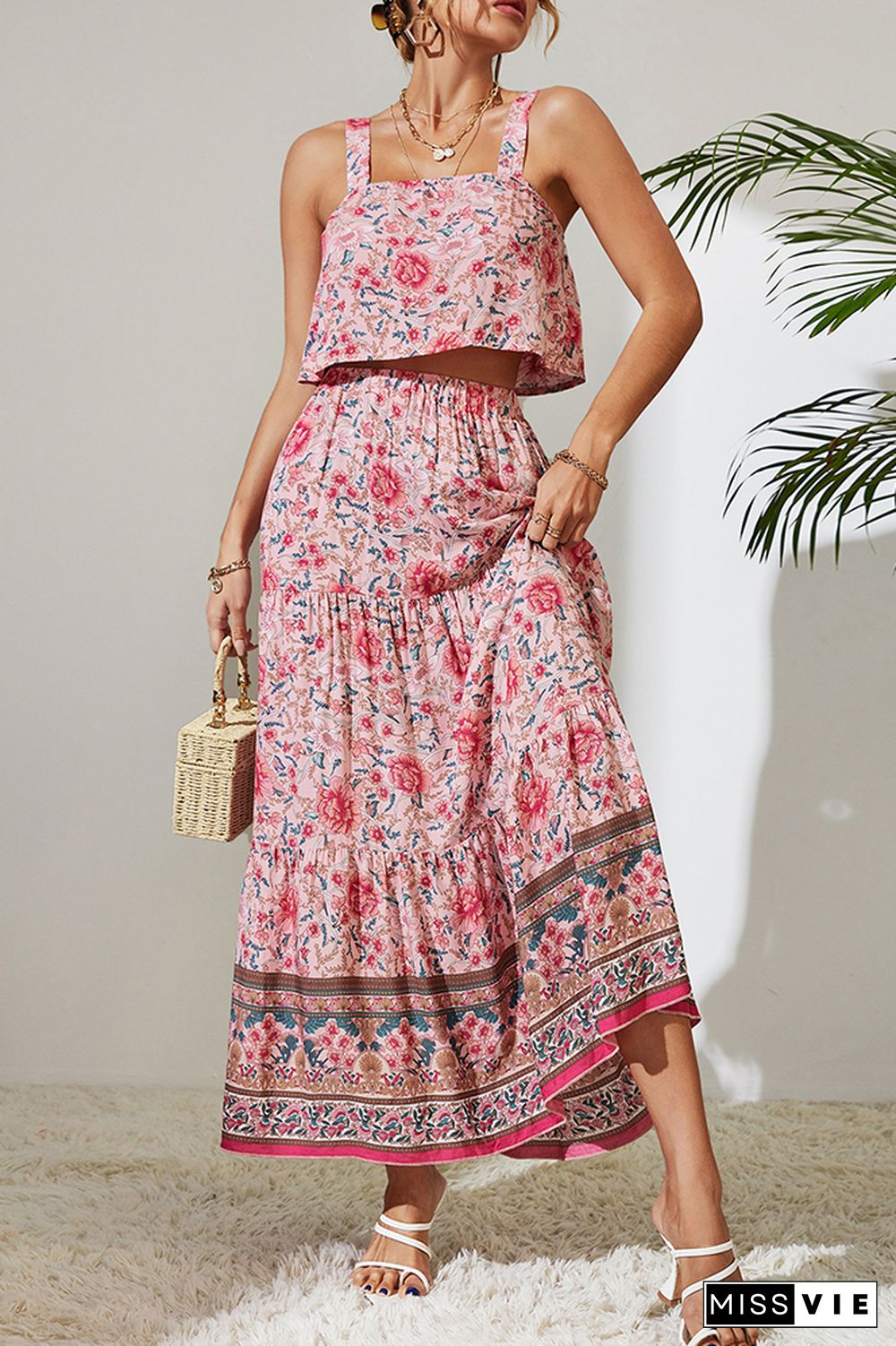 Pink Floral Sleeveless Top and Tiered Skirt Set