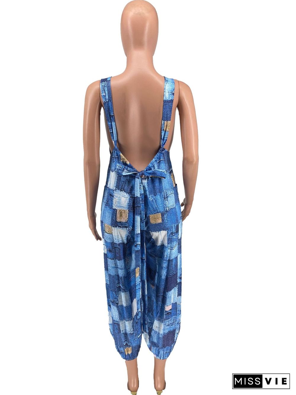 Summer Printing Backless Pocket Suspenders Jumpsuit