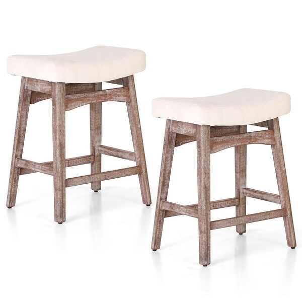 24 Inch Solid Wood Barstools with Linen / PU Leather Fabric Cushion， Set of 2