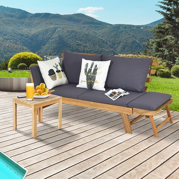 Gymax Adjustable Patio Sofa Daybed Acacia Wood Furniture w/ Cushion