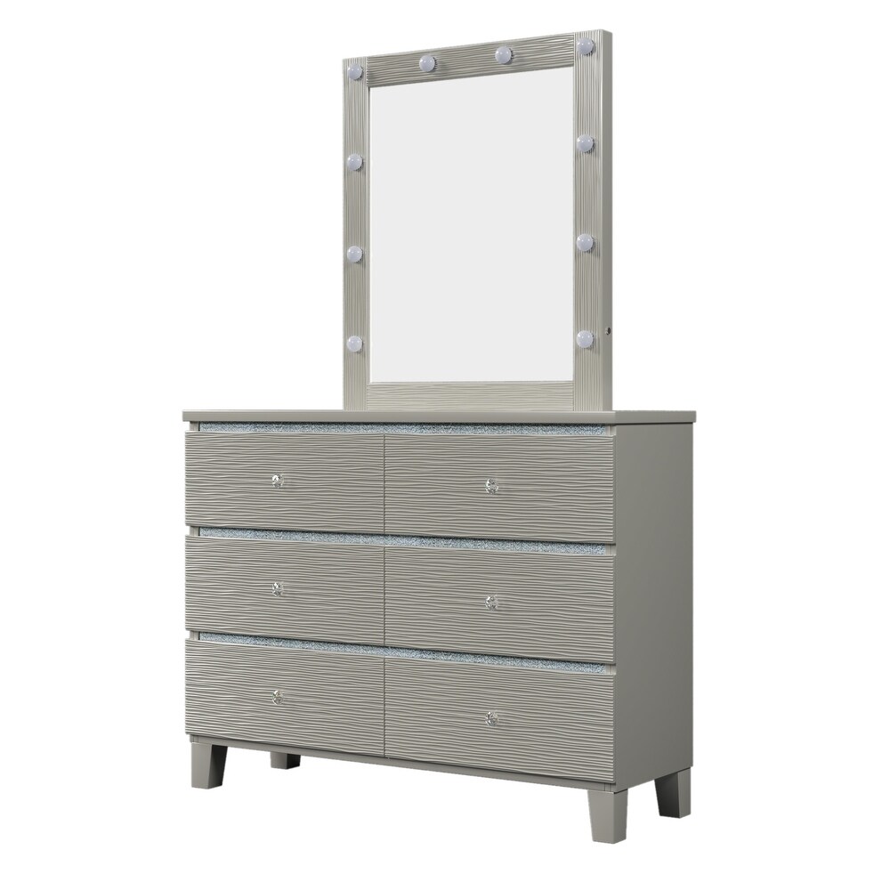 Champagne Silver Rubber Wood Dresser with 6 Drawers