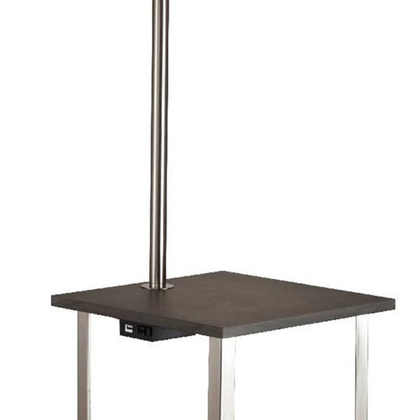 2 Shelf Wooden Side Table with Attached Floor Lamp， Silver and Brown