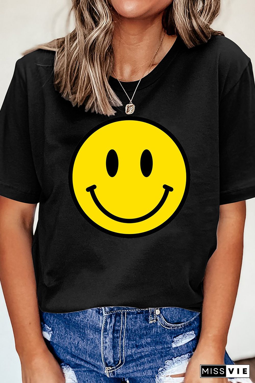 Smiley Printed Graphic Tees for Women Wholesale Short Sleeve T shirts Top