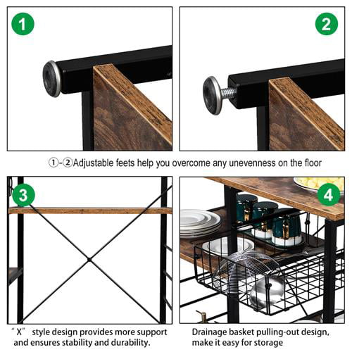 Ktaxon Industrial Kitchen Baker's Rack Microwave Oven Stand， 4-Tier Kitchen Utility Storage Shelf Microwave Cart， Coffee Bar Table Workstation， Rustic Brown