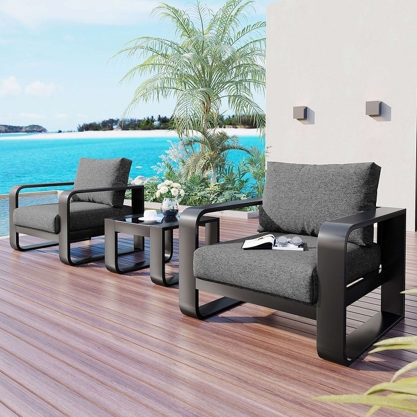 3 Pieces Patio Furniture Set，Tempered Glass Coffee Table with 2 Outdoor Upholstered Lounge Chairs