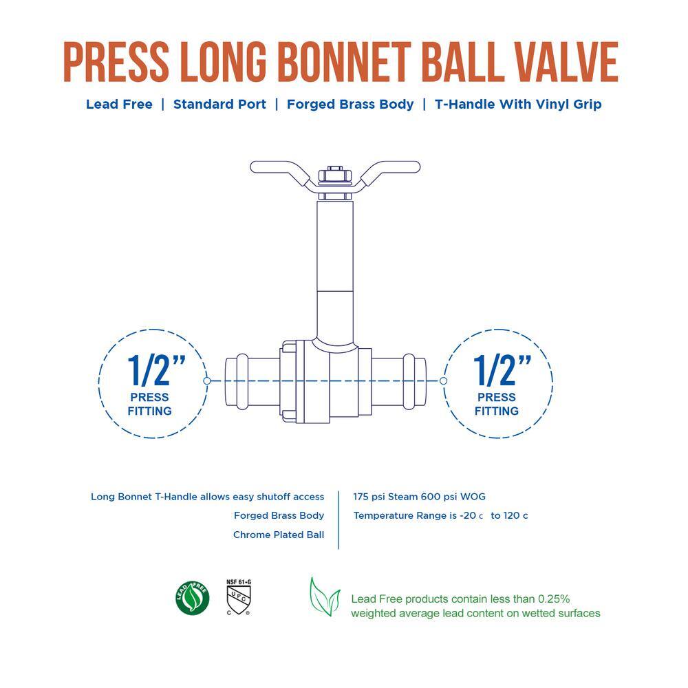 The Plumber's Choice Premium Brass Press Ball Valve with Long Bonnet and T-Handle with 12 in. Press Connections R752234