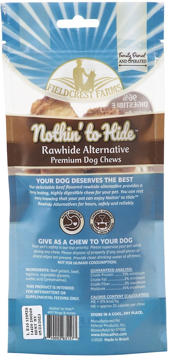 Fieldcrest Farms Nothin' To Hide Rawhide Alternative Premium Dog Chews Ring and Bone Beef Flavor Natural Chew Dog Treats， 12 count