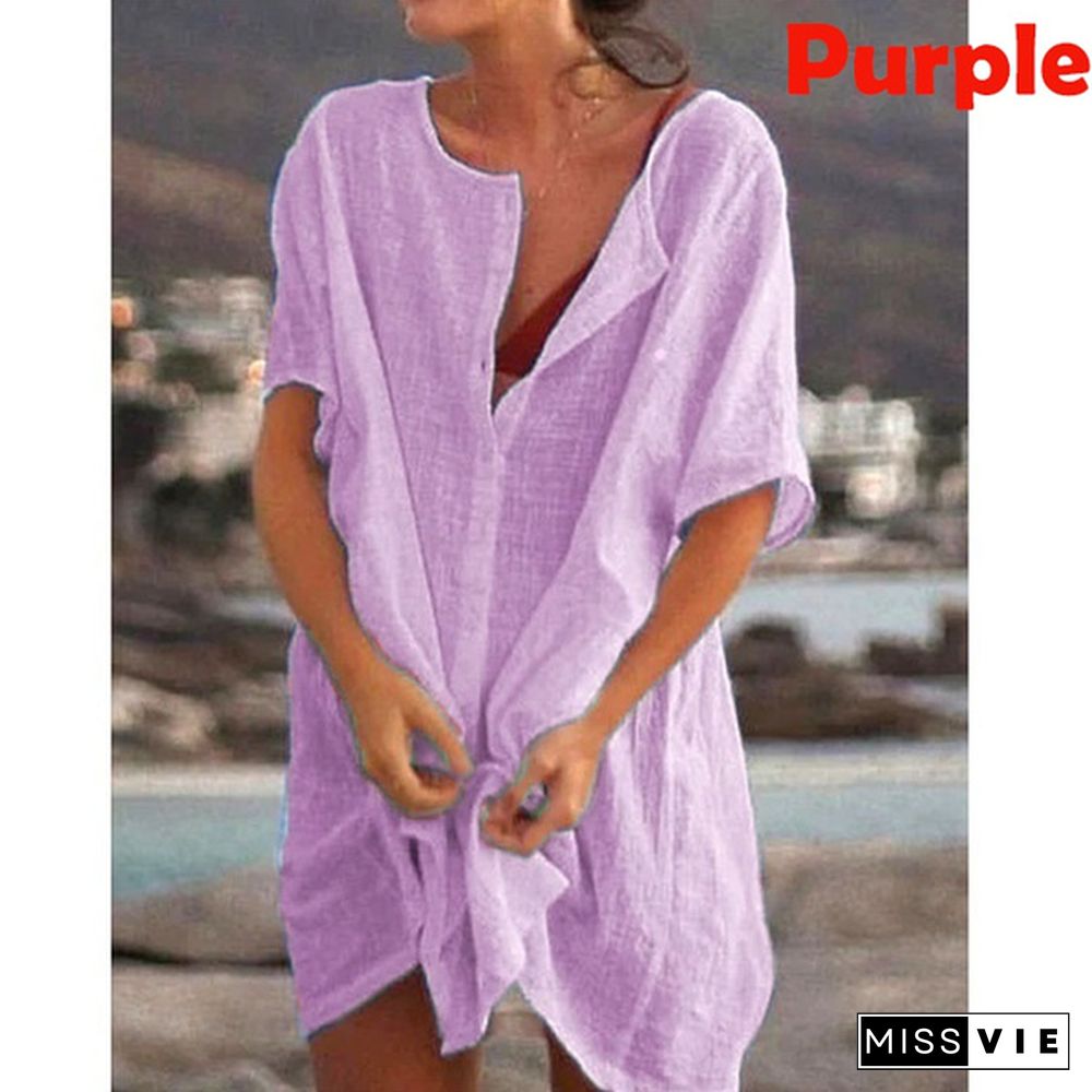 Fashion Summer Clothes Women's Casual Short Sleeve Dresses Beach Wear Robe Femme Swimwear Cover-up Linen Dress Loose Blouses Long T-shirt Deep V-neck Solid Color Swimsuit Cover-ups Dress Mini Party Dress