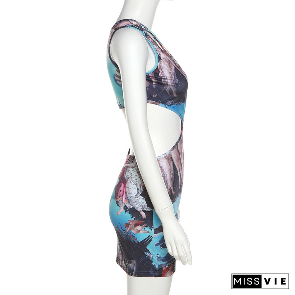 Single Shoulder Hollow-out Print Bodycon Dress