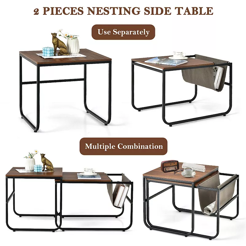 Set of 2 Nesting Coffee Tables with Side Pocket for Living Room Bedroom-Rustic Brown