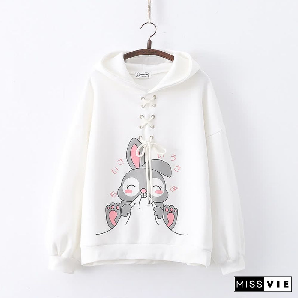 Cartoon Rabbit Print Lace Up Loose Plush Hoodie