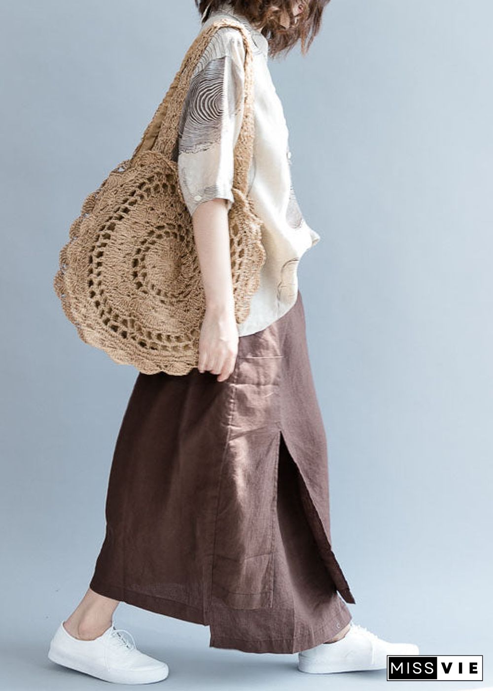 Plus Size Chocolate Asymmetrical Pockets Linen Skirts Spring