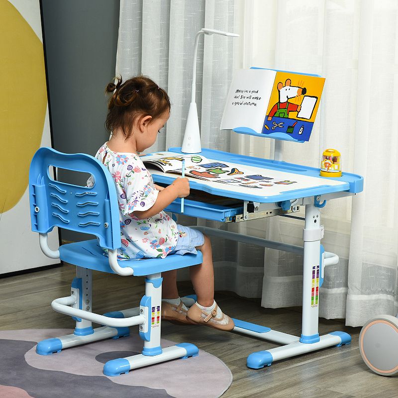 Qaba Kids Desk and Chair Set Height Adjustable School Study Table and Chair Student Writing Desk with Tilt Desktop LED Lamp Pen Box Drawer Reading Board Cup Holder and Pen Slots Blue