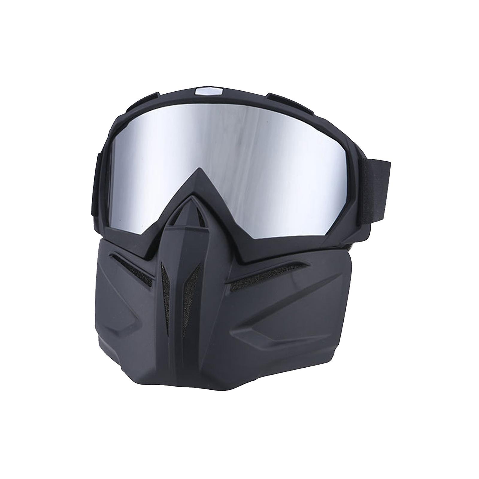 Motorcycle Helmet Riding Goggles Glasses With Face Mask Bicycle Face Shield Silver Lens