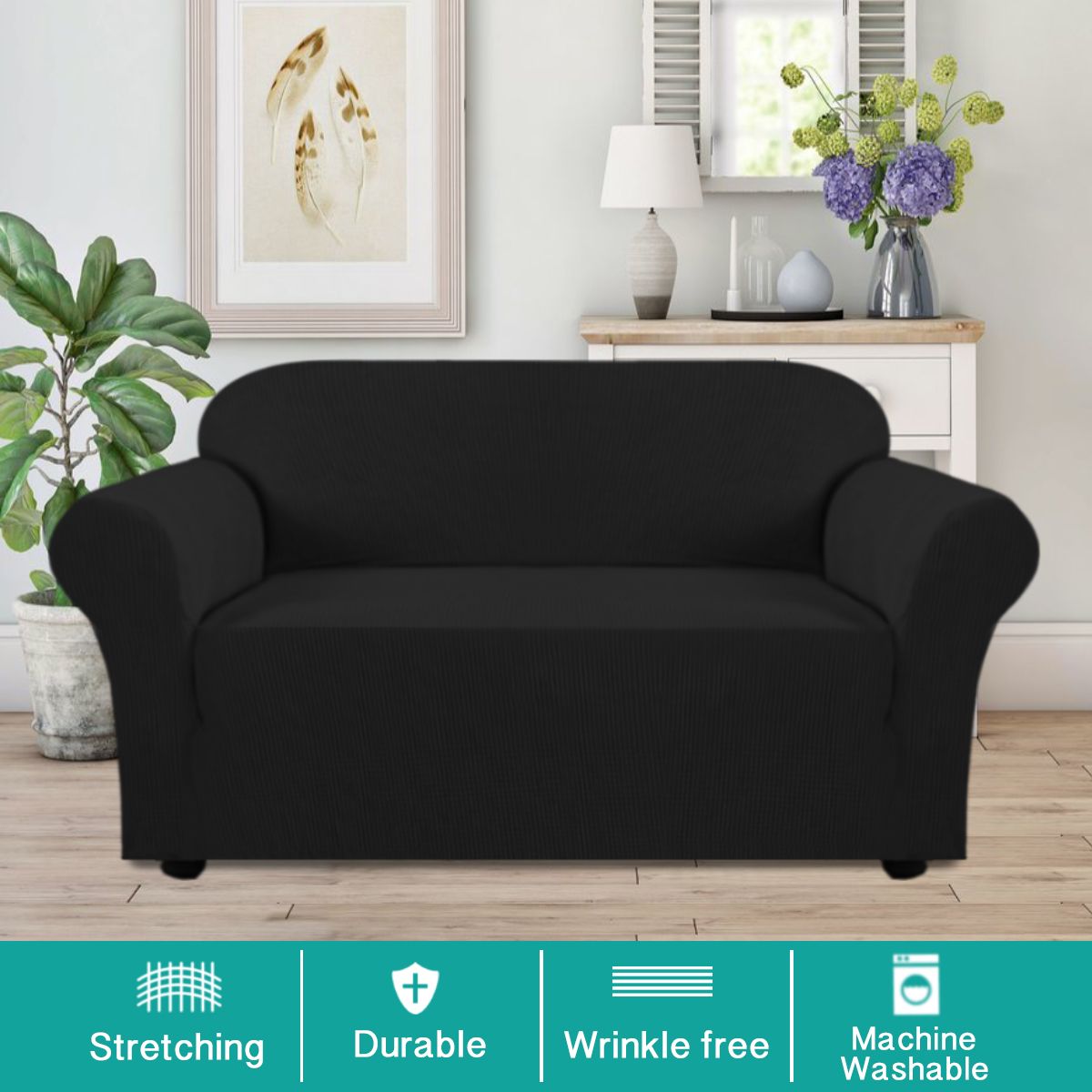 Turquoize 1-Piece Comfy Jacquard Spandex Loveseat Stretch Slipcover, Black