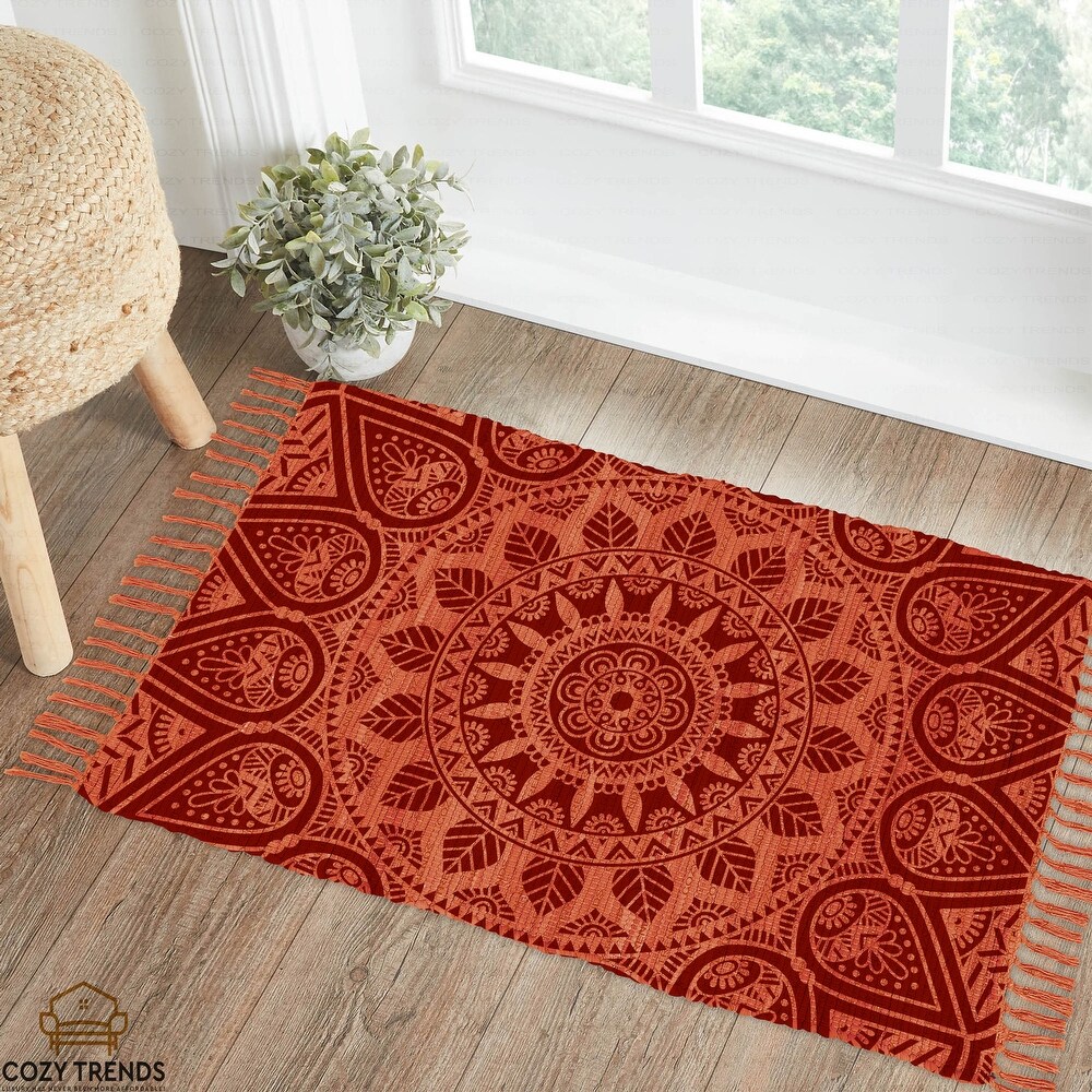 Cotton Woven Boho Rug 2'x3' Small Rug with Tassel  Versatile Washable Throw Rug for Bedroom Bathroom Hallway  Laundry  Entryway