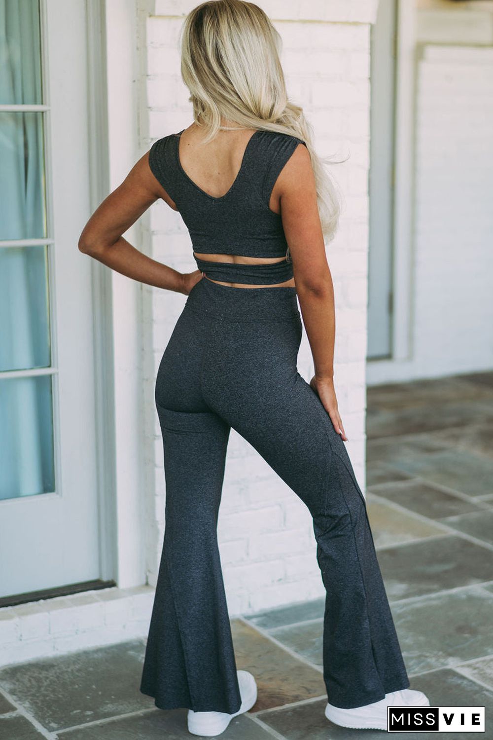 Carbon Grey Ruched Cropped Tank Split Flare Leg Pants Set