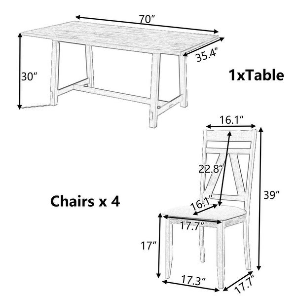 5 piece kitchen table set， 70 inch table and 4 upholstered dining chairs in brown + beige
