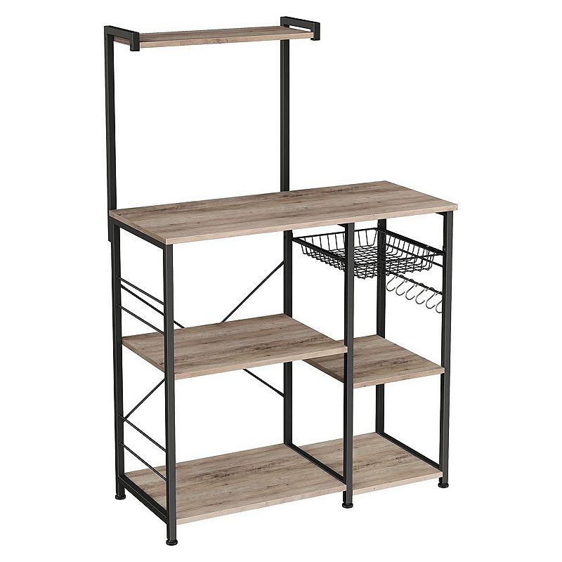 52 Inch Wood Bakers Rack， Kitchen Shelf， 6 Hooks， Workstation， Brown， Black