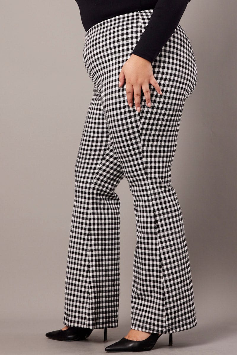 Black Check Flare Leg Pants High Rise