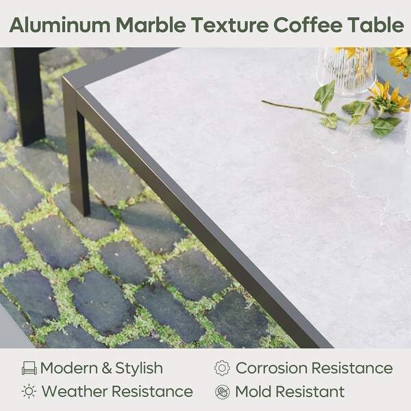 Aluminum Outdoor Coffee Table with LED Light and Marble Pattern Aluminum Table Top 48' L X 23.6'' W