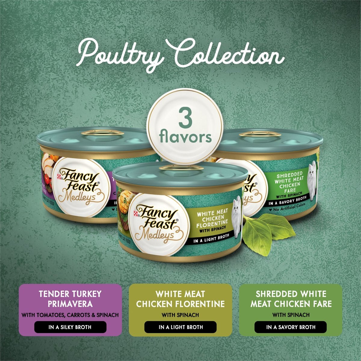 Fancy Feast Medleys Poultry Collection with Garden Greens in Sauce Variety Pack Canned Cat Food， 3-oz can， case of 30