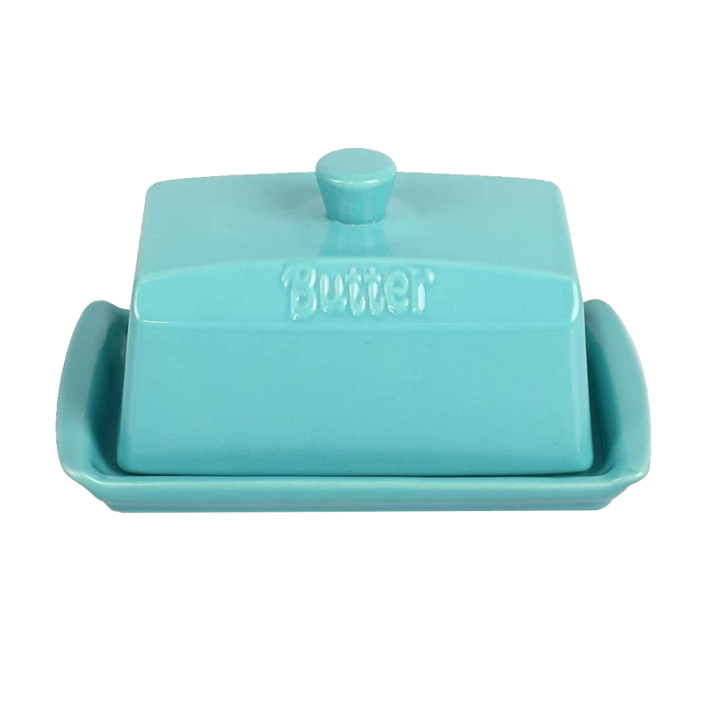 Ceramic Butter Dish with Lid For Countertop， Rectangular Keeper Container-Blue