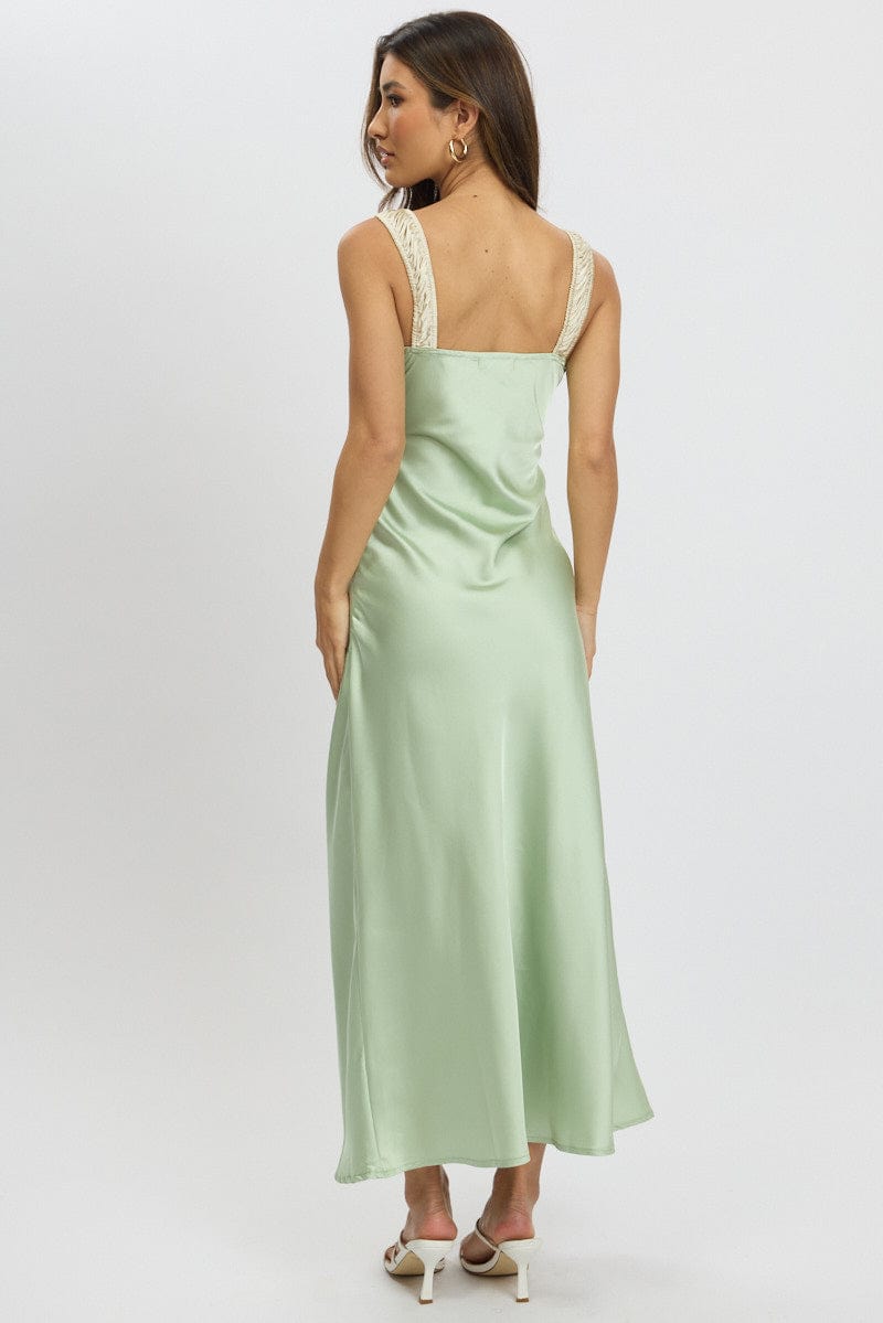 Green Midi Dress Elasticated Shoulder Strap Satin