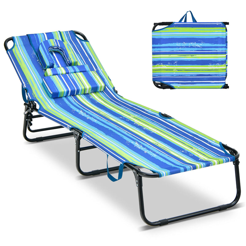 Folding Beach Chaise Lounge Chair 5-Position Adjustable Sunbathing Recliner with Face Hole & Dechatable Pillows