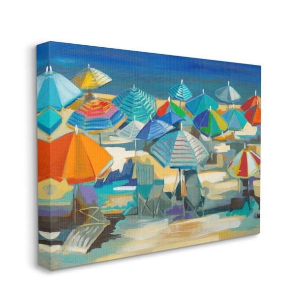 Stupell Industries Colorful Beach Umbrella Landscape Nautical Deep Blue Gallery Wrapped Canvas Wall Art 16 X 20