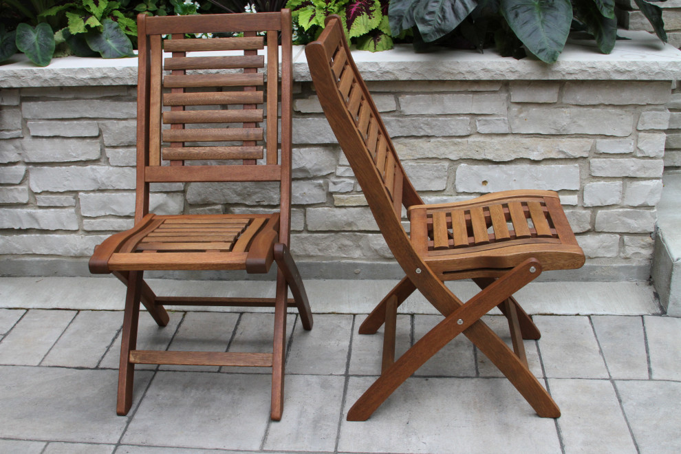 3 Piece Spanish Marble and Eucalyptus Bistro Set With Folding Chairs   Transitional   Outdoor Pub And Bistro Sets   by Outdoor Interiors  Houzz