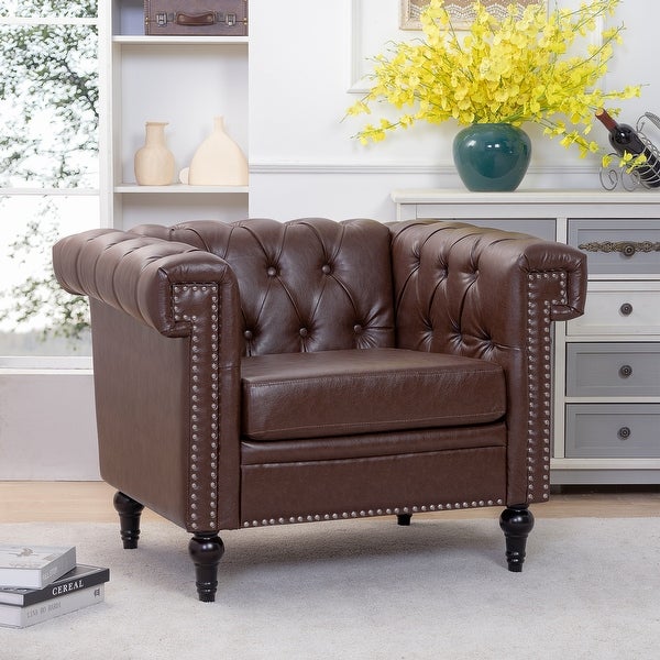 Livingroom Accent Chair， 1 Seater PU Cover Sofa Armchairs Rolled Arms Chairs Lounge Chairs with Nailheads for Bedroom， Brown PU