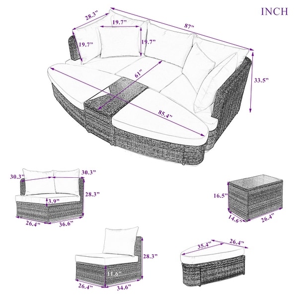 6Piece Patio Outdoor Conversation Sets Round Sectional Sofa，AllWeather PE Wicker Rattan Separate Seating Group with Table