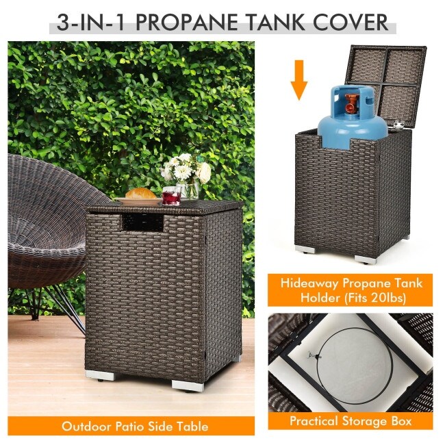 32 Inch x 20 Inch Propane Rattan Fire Pit Table Set with Side Table Tank and Cover Coffee   32\